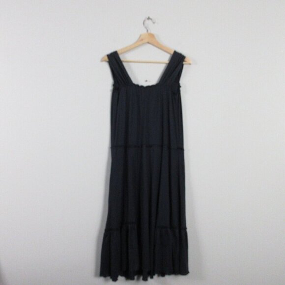 Peruvian Connection Black Midi Dress Women L Black Sleeveless Ruffled Summer 292 - Picture 2 of 8